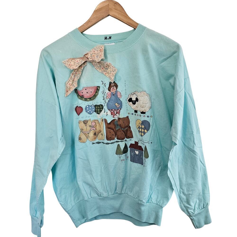 Vintage Cat Shirt Women Large Blue 80s Patchwork Grandma Rustic Cottage Retro